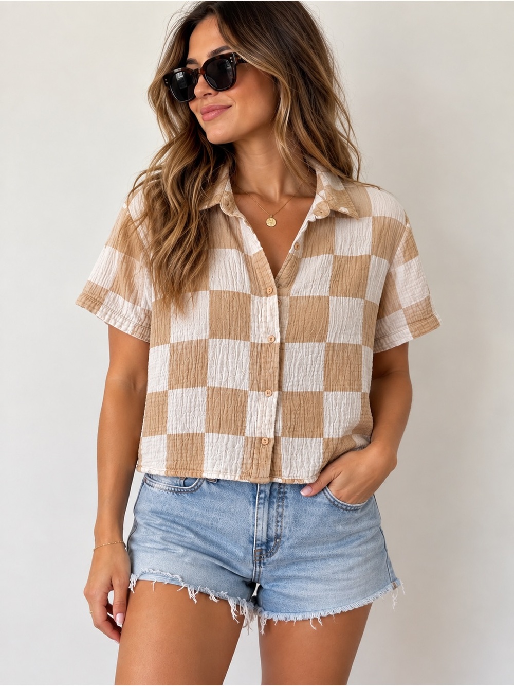 Brixton Checkerboard Crop Shirt Tan Cream Gauze Button Up Short Sleeve